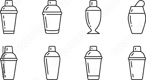 Cocktail shaker icon set with bar mixer drink shaker line art vector illustration collection isolated