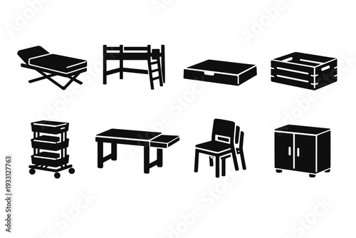 Minimalist black furniture silhouettes: bed, bunk, drawer, crate, cart, desk, chair, cabinet