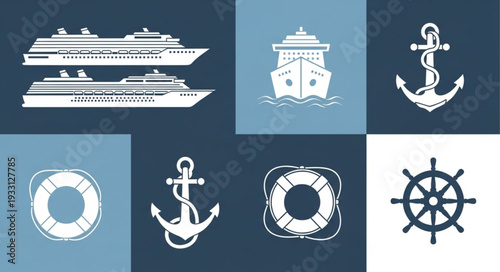 Nautical themed icons representing cruise ships, anchors, life rings, and steering wheels.