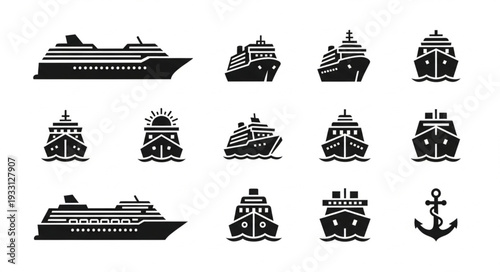 Collection of various cruise ship silhouettes and an anchor icon on white background.