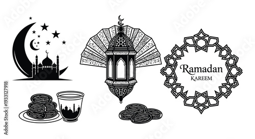 Ramadan kareem illustration with crescent moon dates and traditional elements