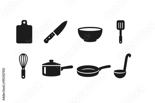 Silhouette kitchen utensils: knife, cutting board, whisk, pan, ladle