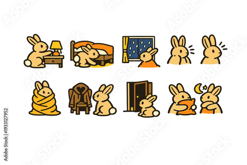 Cartoon bunny bedtime routine with sleepy expressions and cozy scenes