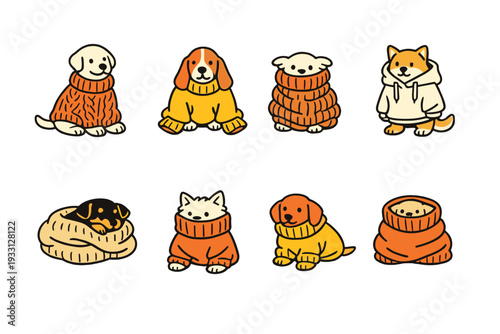 Cute dogs in sweaters and hoodies vector illustration