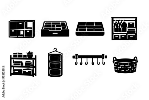 Black storage icon set: baskets, drawers, hooks, shelves, hanging organizers