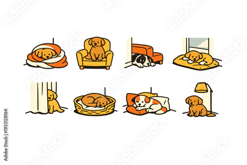 Adorable puppies relaxing indoors in various cozy settings