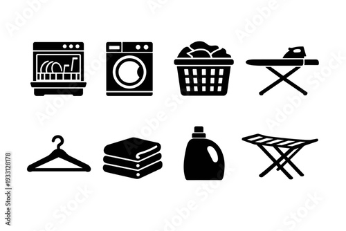 Laundry and cleaning icons: dishwasher, washing machine, ironing board, laundry basket