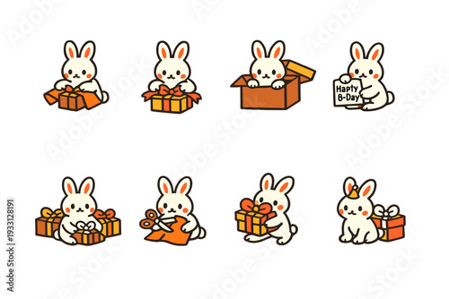 Cute cartoon bunnies with birthday gifts and celebrations