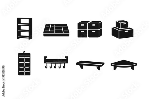 Black silhouette icons of storage solutions and organizational furniture