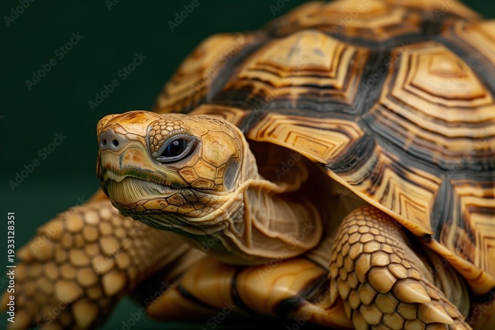 Fototapeta premium Tortoise basking under gentle light, showcasing unique shell patterns and textures in a serene natural setting
