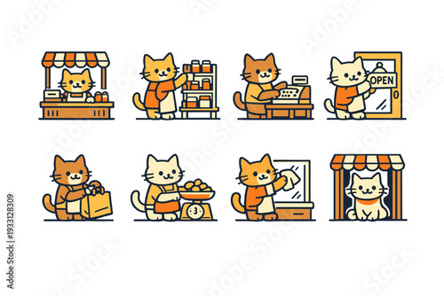 Cute cartoon cats running a market stall in various business activities