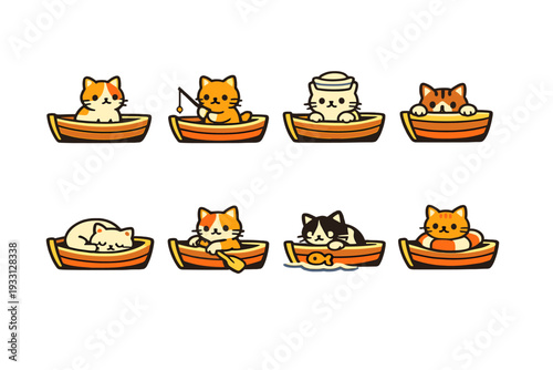 Cute cartoon cats enjoying activities in small boats