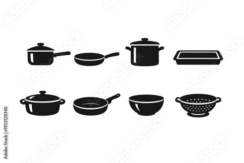 Set of eight black kitchenware silhouettes including pots and pans