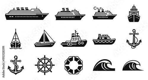 Collection of various nautical vessels and maritime elements in monochrome style.