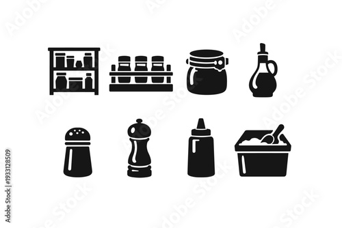 Kitchen spice icon set: jars, bottles, racks, containers, shakers