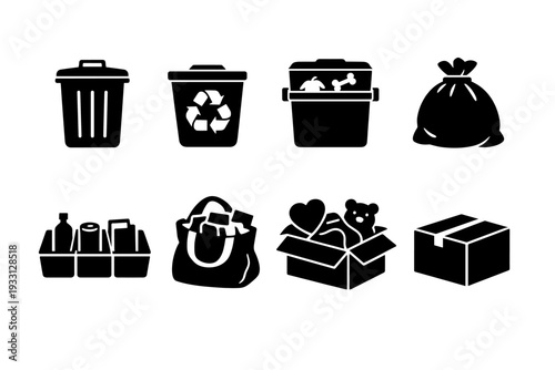 Black and white waste and recycling icons: trash bins, compost, donation, recyclables