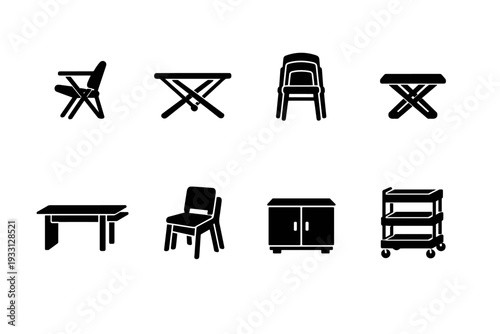 Set of various furniture icons: chairs, tables, cabinets, trolley