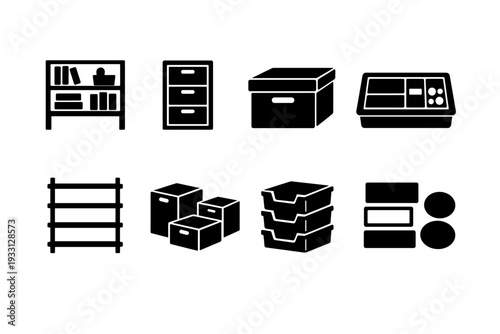 Black icons of shelving, filing cabinets, boxes, trays, and storage solutions on white background