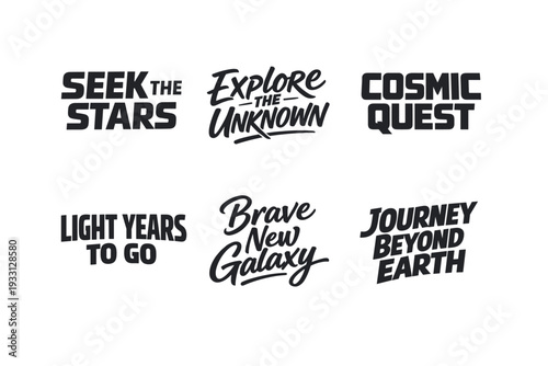 Inspirational space-themed typography designs on a white background