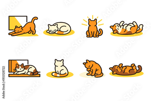 Cartoon cats displaying various playful and relaxed poses on warm background