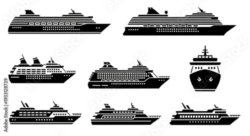 Collection of various cruise ship silhouettes in black color on white background.