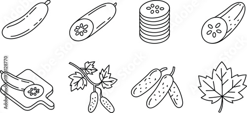 Cucumber line icon set, fresh sliced whole and pickled cucumber outline vector illustration collection for organic food design