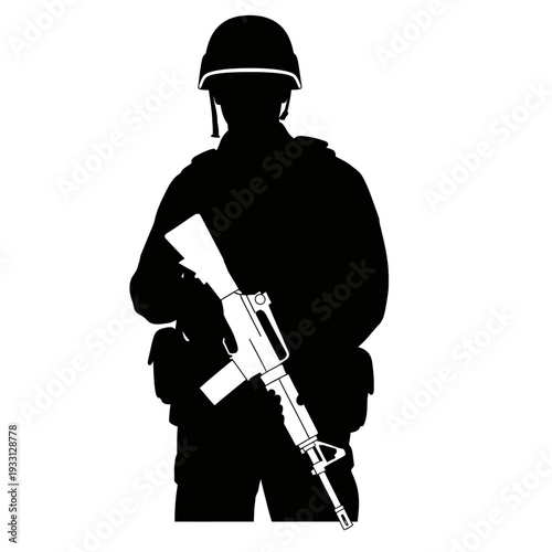 Silhouette of a soldier holding a rifle, ready for action