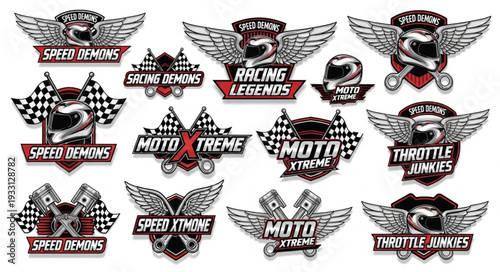 Motorcycle racing emblems with wings and checkered flags, vintage design elements.