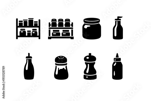 Kitchen spice and condiment icons: bottles, jars, shakers, and dispensers