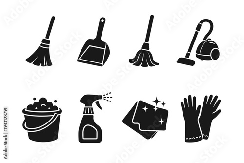Silhouette icons of cleaning tools: broom, dustpan, mop, vacuum, bucket, spray, cloth, gloves