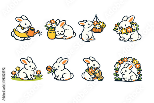 Adorable cartoon bunnies with flowers engaging in various activities
