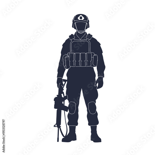 Silhouette of a Soldier in Full Combat Gear Holding a Rifle