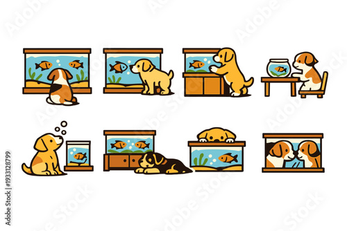 Playful cartoon dog interactions with fish tanks and goldfish