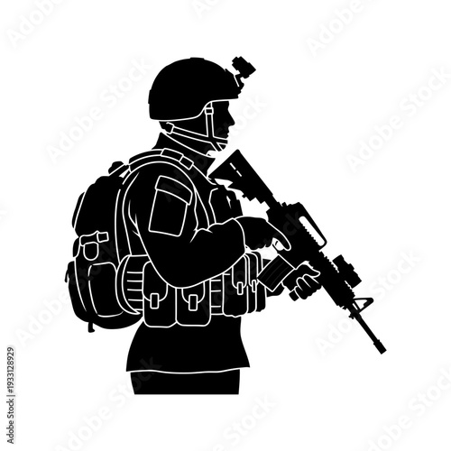 Silhouette of a soldier in tactical gear holding a rifle, ready for action