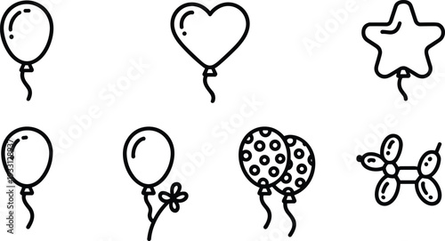 Cute hand drawn balloon icon set with heart star polka dot flower and dog shapes line art vector illustration isolated