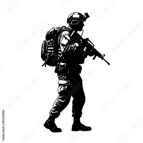 Silhouette of a soldier in tactical gear, walking with a rifle, ready for action