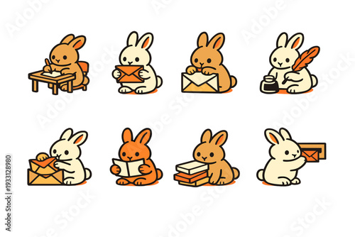 Cute cartoon bunnies engaged in desk, letter, and reading activities