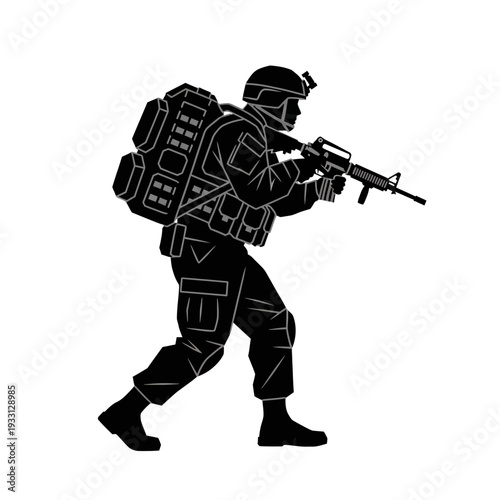 Silhouette of a soldier in tactical gear with rifle and backpack, ready for combat.