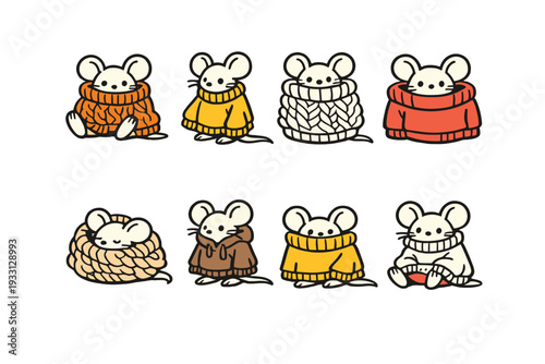 Cute cartoon mice in various cozy sweaters displaying adorable expressions