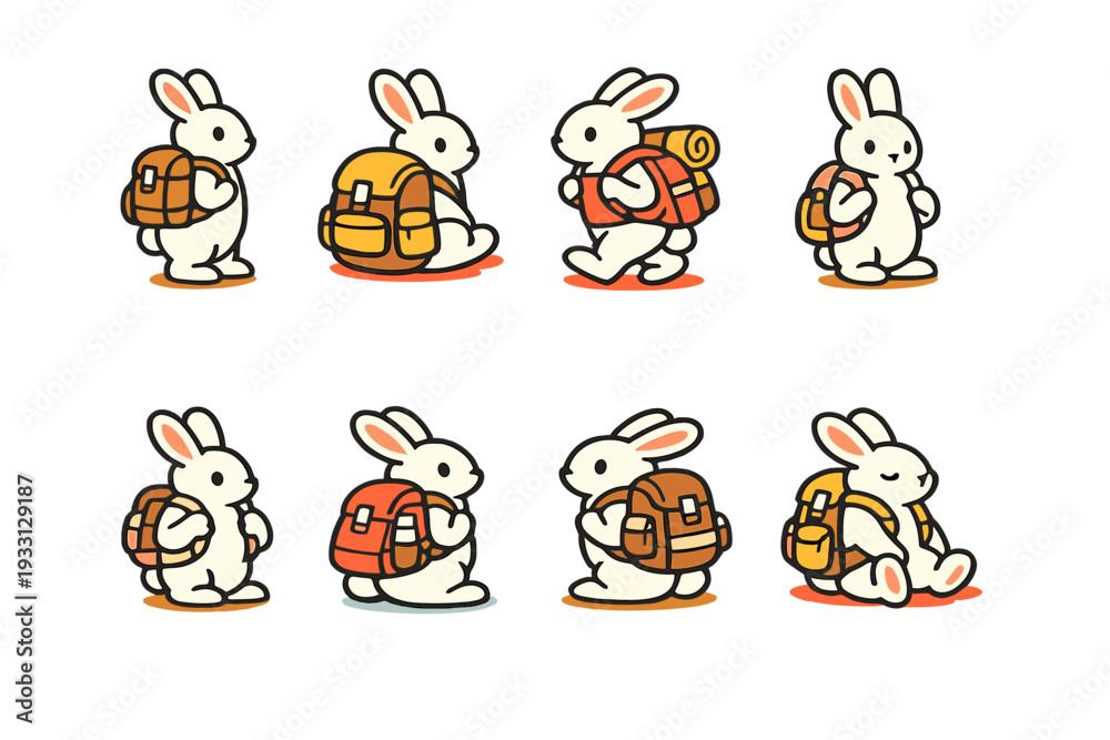 Obraz premium Cute cartoon bunnies with backpacks on journey adventure