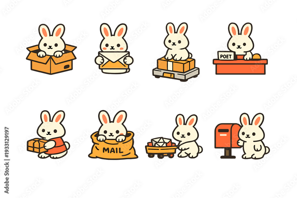 Naklejka premium Adorable cartoon bunnies engaged in various mail-related activities