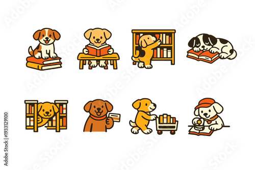 Cartoon puppies reading and exploring library books