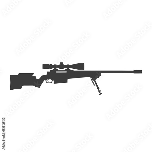Silhouette of a Sniper Rifle with Scope and Bipod on White Background