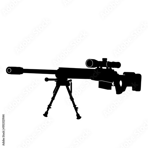 Silhouette of a sniper rifle with bipod and scope on a white background