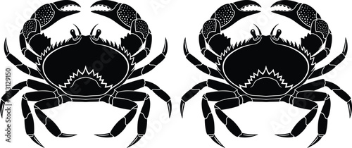Black Silhouette Set of Large Sea Crabs with Sharp Claws, Marine Life Crustacean Icons, Coastal Seafood and Ocean Wildlife Illustration.