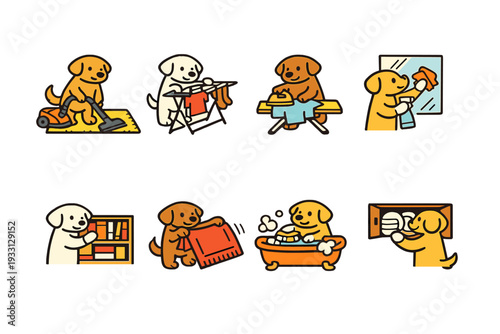 Cartoon dogs doing household chores in various home activities