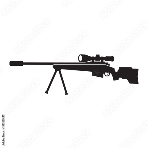 Silhouette of a Sniper Rifle with Scope and Bipod on White Background