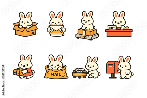 Adorable cartoon bunnies engaged in various mail-related activities
