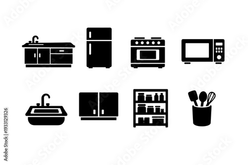 Silhouette icons of kitchen appliances and furniture on white background