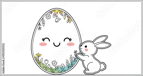 Cute bunny character hugs a decorated smiling Easter egg design.